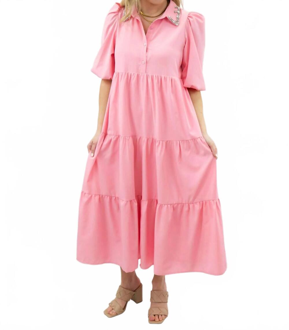 NEW TCEC jeweled collar midi tiered shirt dress in pink